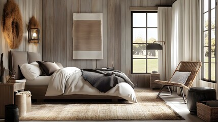 Fototapeta premium Rustic modern bedroom with reclaimed wood and neutral palette