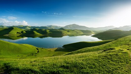the tranquil landscape consists of a sparkling lake surrounded by green hills and grass the still water reflects the greenery creating a tranquil atmosphere