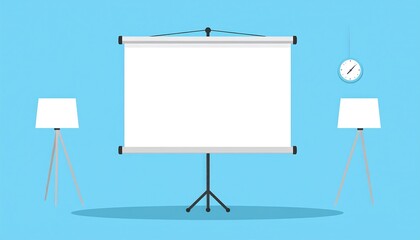 Minimalistic Presentation Setup with White Projection Screen, Modern Lamps, and Wall Clock in Room