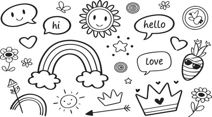 cute hand drawn doodle vector set,a seamless vector doodle illustration in black and white. love, Natural , firework, cloud, weather, rainbow, snow, heart and creative design vector collection.