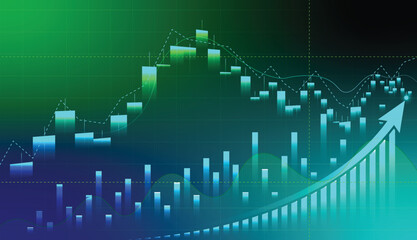 Abstract financial stock market graph with uptrend line arrow and bar chart of stock market design vector illustration on technology colorful background.