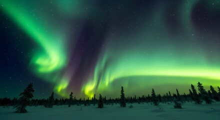 Aurora borealis display over winter forest landscape at night