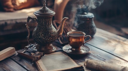 Traditional tea set on wooden table with vintage cups and pots in cultural eastern atmosphere scene