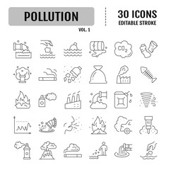 Pollution line editable icon set. Containing water, light, plastic, air, soil, chemical, smog, industrial, sustainable, global warming. Vector illustration