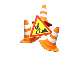 panneau de travaux et cônes de signalisation en lévitation, rendu 3D sur fond transparent