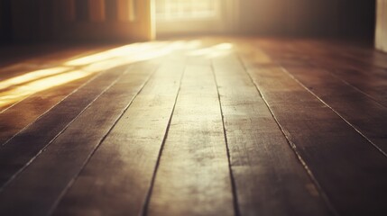 Golden sunlight hitting wooden floor in empty room with soft shadows and warm peaceful ambiance