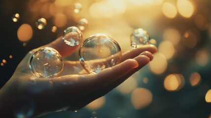 Hand holding transparent bubbles in warm light with magical surreal dreamlike abstract floating atmosphere