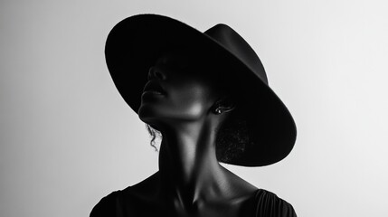 Black and white fashion portrait of elegant woman with hat in silhouette minimal contrast light