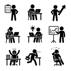 Editable Business and Office Activity Icons – Stick Figure Vector Set