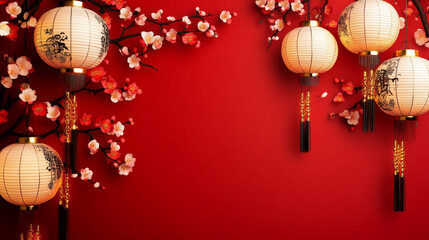 Red background, Chinese New Year poster with golden flowers and red plum blossoms on the left side of the frame