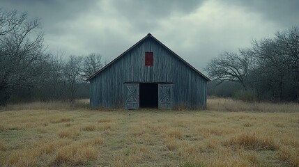 Lonely weathered barn in a vast field under a stormy sky