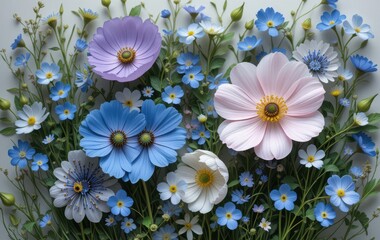 green blades of grass and leaves, wild flowers