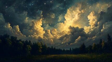 Fototapeta premium Stars visible through a break in storm clouds over a forest