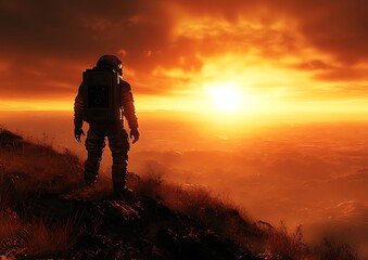 Fototapeta premium Astronaut on a mountaintop, fiery sunset