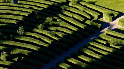 Summer Solstice: English garden maze viewed from above with complex solstice shadows