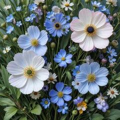green blades of grass and leaves, wild flowers
