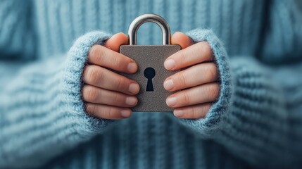 A person in a blue sweater holds a large padlock with both hands, symbolizing security or privacy.