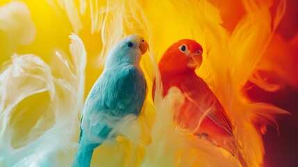 Two colorful parrots in front of yellow red gradient background for exotic animal portrait vibrant tropical scene