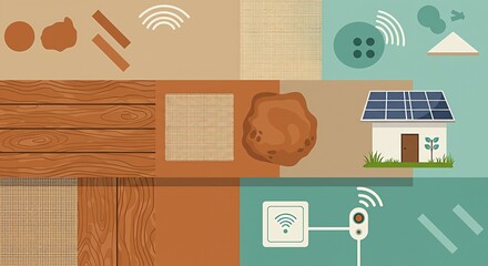 Collage of various natural materials and technology elements, including solar panels and smart home devices
