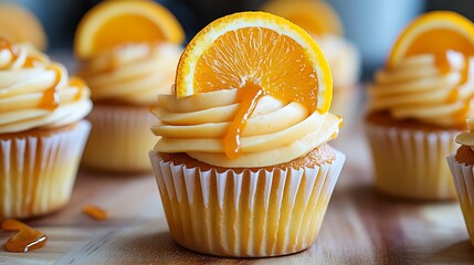 Close-up of orange-topped cupcakes with creamy frosting.