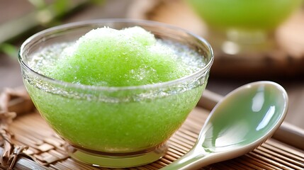 Summer Solstice: Traditional green mung bean dessert in translucent bowl under soft