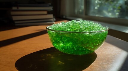 Summer Solstice: Traditional green mung bean dessert in translucent bowl under soft