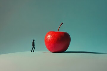 Miniature Figure Walking Towards A Giant Red Apple