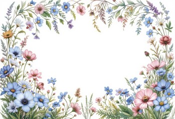 Obraz premium various wild herbs and flowers. Watercolor botanical rectangular illustration design