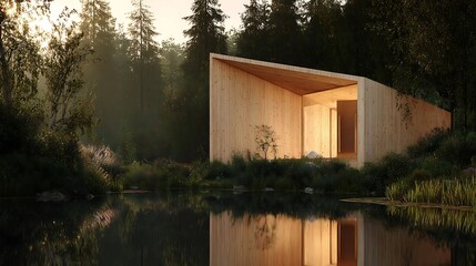 Summer Solstice: Wooden sauna beside calm lake bathed in golden solstice evening