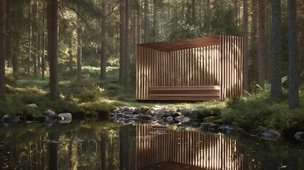 Summer Solstice: Wooden sauna beside calm lake bathed in golden solstice evening