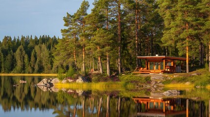 Summer Solstice: Wooden sauna beside calm lake bathed in golden solstice evening