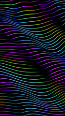 Colorful neon wave lines on black background creating a flowing abstract pattern.