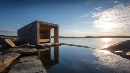 Summer Solstice: Wooden sauna beside calm lake bathed in golden solstice evening