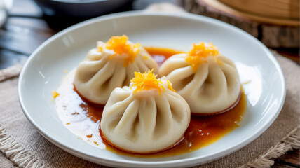 A close-up photograph of three white steamed dumplings with a delicate pleated pattern, arranged on a white ceramic plate.
