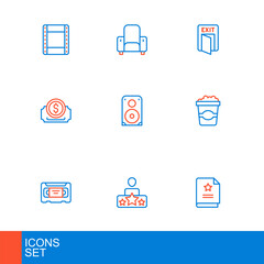 Set line Scenario, Actor star, VHS video cassette tape, Popcorn in cardboard box, Cinema ticket, Stereo speaker, Fire exit and chair icon. Vector