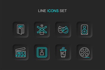 Set line Film reel, Paper glass with water, Play Video, Movie clapper, Stereo speaker, Comedy and tragedy masks, No alcohol and Fire exit icon. Vector