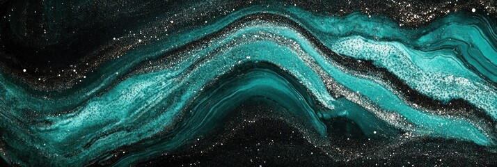 abstract teal and black marbled pattern with shimmering details, reminiscent of flowing river. artistic background for digital art, modern design project, wallpaper, creative presentation