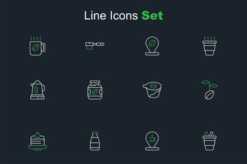 Set line Coffee cup to go, Location with coffee, Milk bottle, Piece cake, beans, Pour over maker, jar and Electric kettle icon. Vector