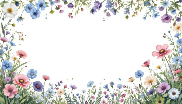 various wild herbs and flowers. Watercolor botanical rectangular illustration design