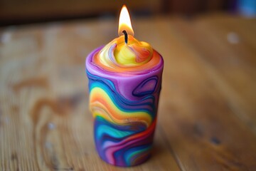 Burning rainbow swirl candle on wooden table
