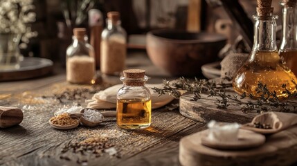 Fototapeta premium Herbal bottles with spices on rustic wood for natural apothecary vintage wellness homeopathy organic healing scene