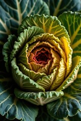 Obraz premium Close-up of ornamental cabbage with yellow center and green leaves