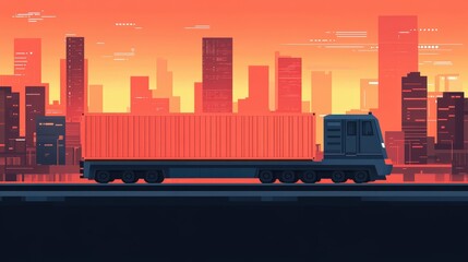 A container truck drives through a modern city at sunset with skyscrapers in the background.