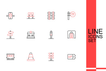 Set line Train ticket, Railroad crossing, Traffic cone, Passenger train cars, railway tunnel, traffic light, Railway station and Road sign icon. Vector