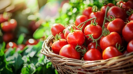 Basket full of tomatoes in garden setting for organic food harvest freshness red natural vegetarian summer scene