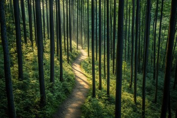 Obraz premium A tranquil forest trail meanders through tall trees, with sunlight gently streaming through the foliage, creating a peaceful atmosphere for exploration