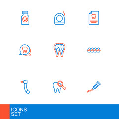 Set line Tube of toothpaste, Broken, Tooth drill, Teeth with braces, Clipboard dental card and Dental floss icon. Vector