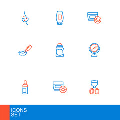 Set line Eyelash curler, Sunscreen cream in tube, Essential oil bottle, Round makeup mirror, Lip augmentation, Deodorant roll, Cream lotion cosmetic and Bottle of shampoo icon. Vector