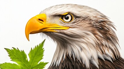 Majestic Bald Eagle Portrait with Verdant Leaf