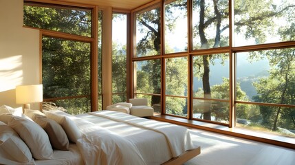 Fototapeta premium Modern bedroom with wall-to-wall windows and subtle accessories
